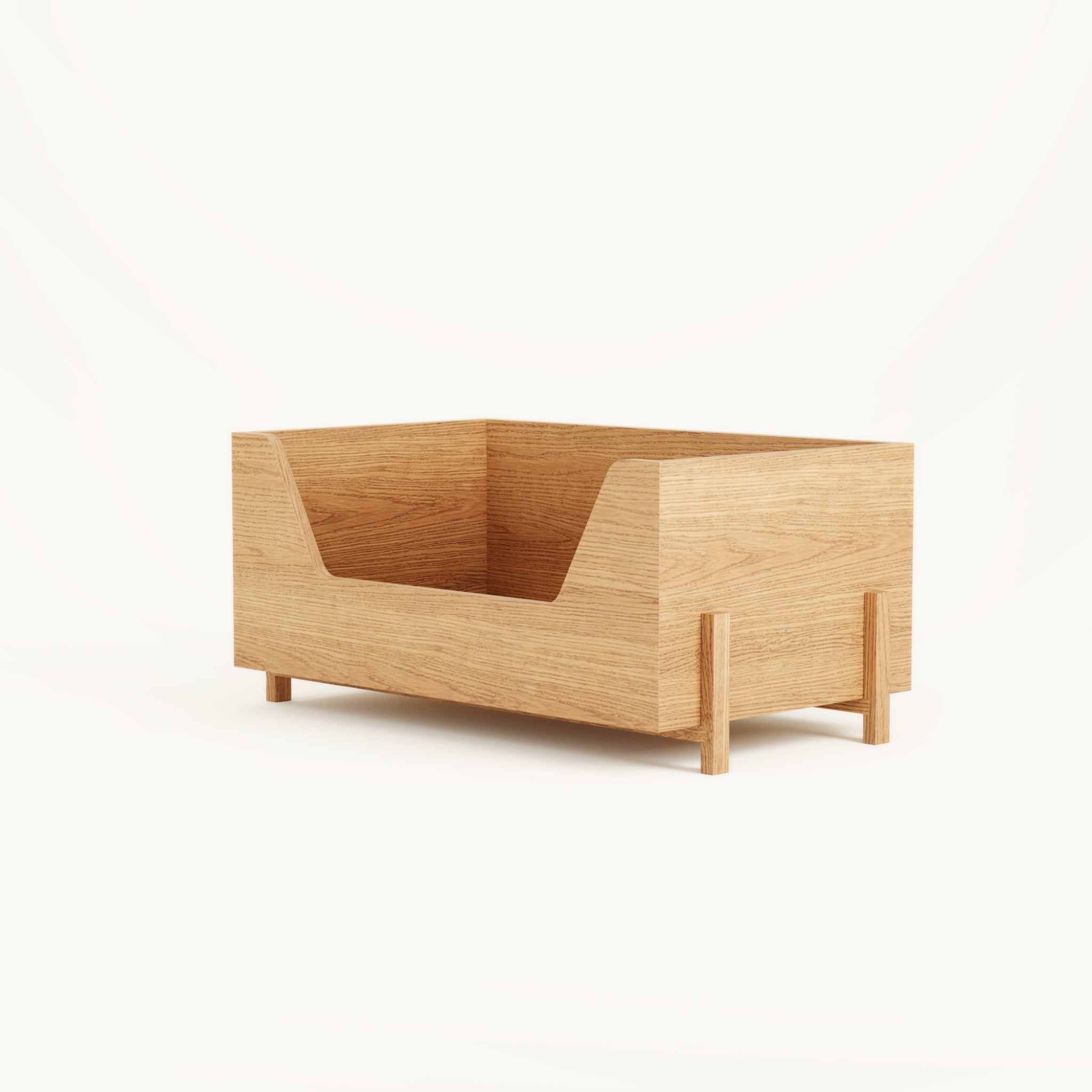 Angled view of Kassen closed modular oak storage box highlighting clean lines and fully enclosed design