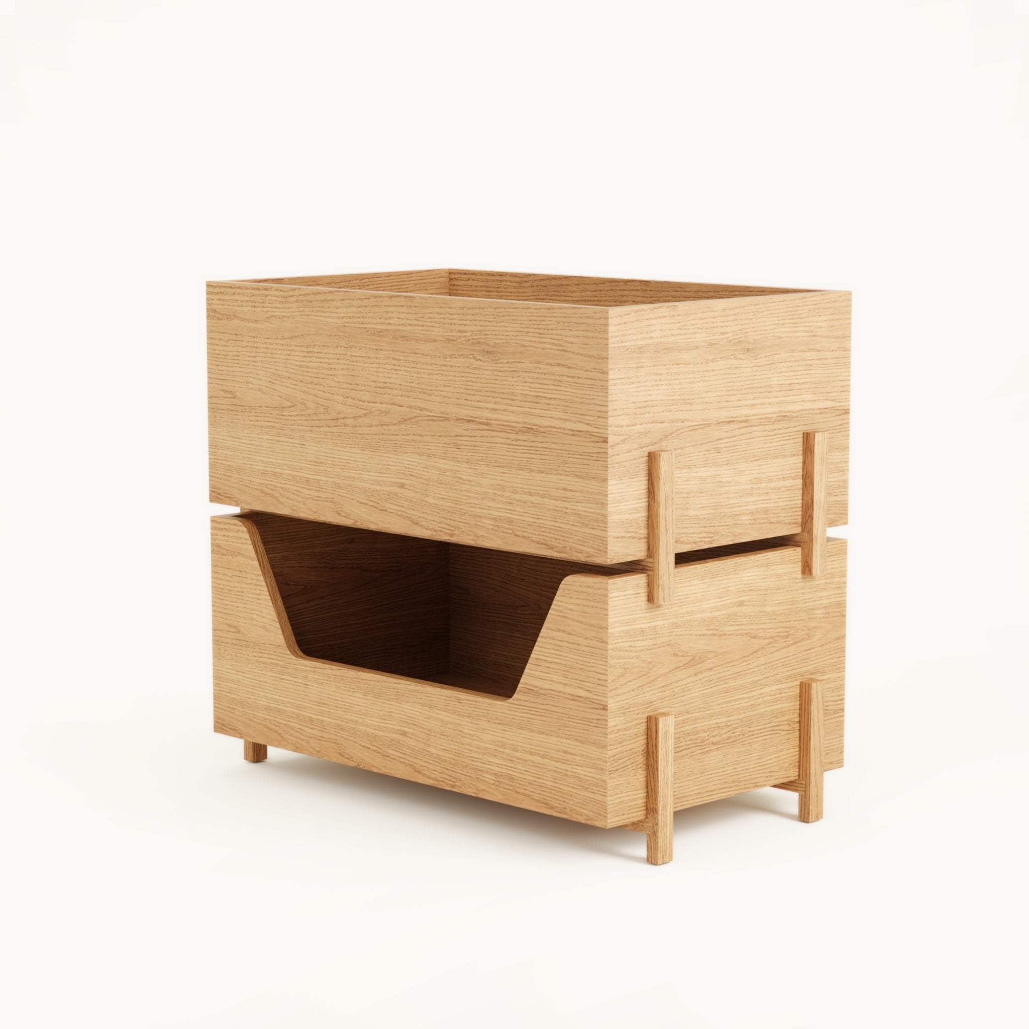 Angled view of Kassen Stack 1 open and 1 closed modular wooden storage set with open access and concealed storage in solid oak
