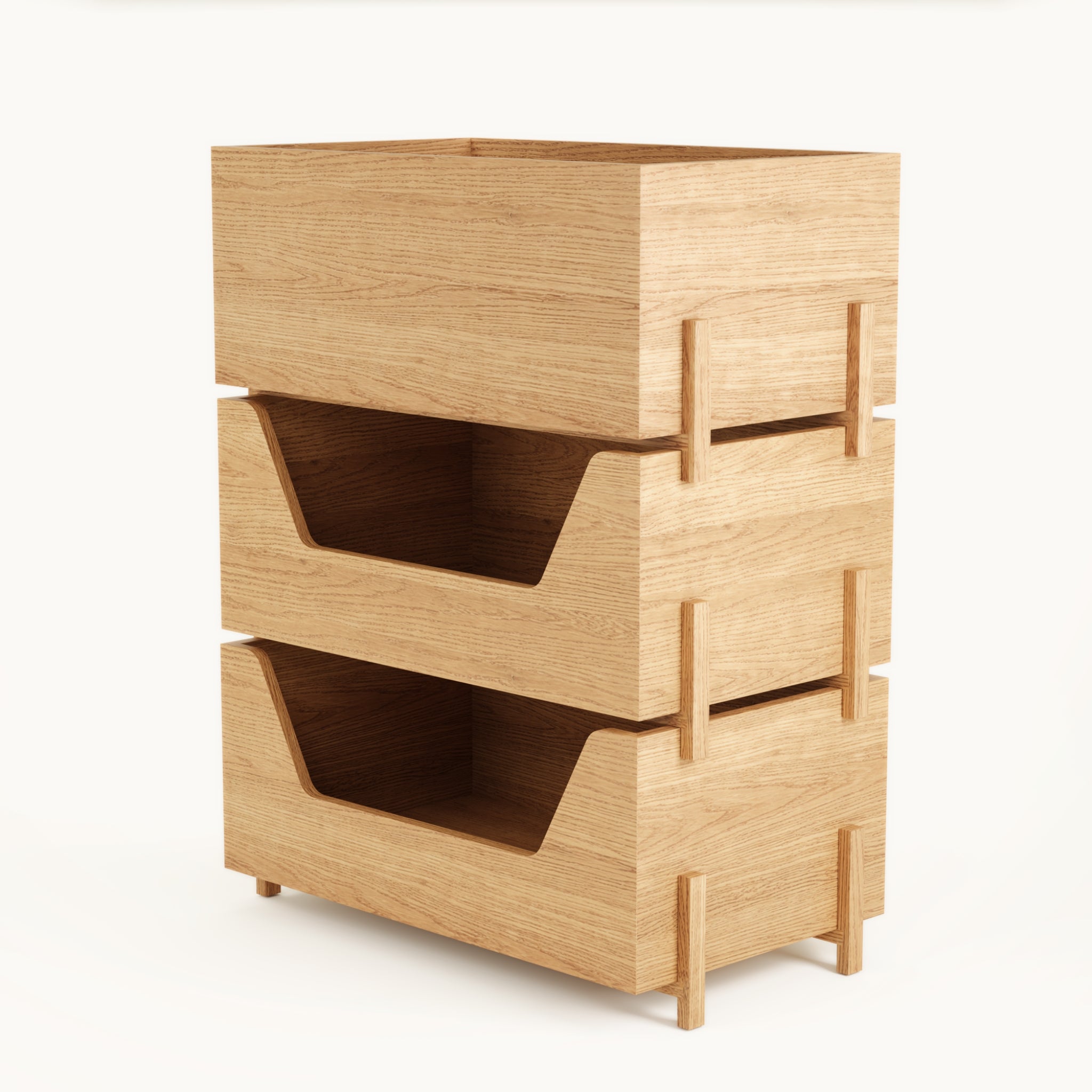 Angled view of Kassen Stack 2 open and 1 closed modular wooden storage system with open display and closed storage in solid oak