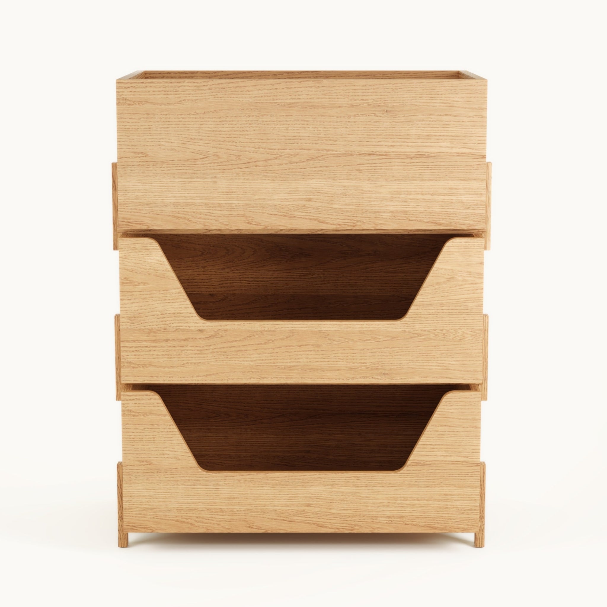 Front view of Kassen Stack 2 open and 1 closed modular oak storage system with open compartments and closed module for balanced organization
