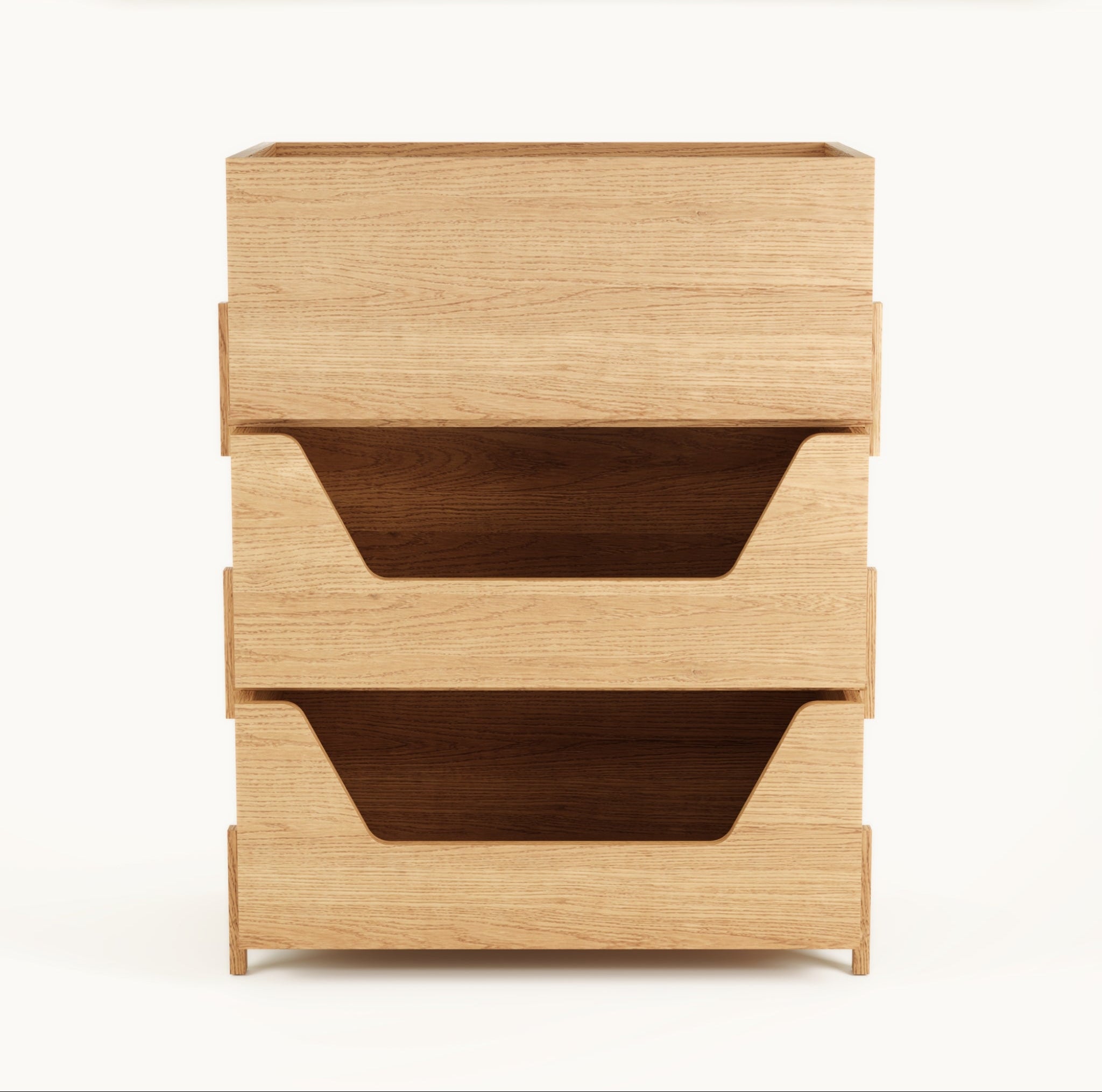 Front view of Kassen Stack 2 open and 1 closed modular oak storage system with open compartments and closed module for balanced organization