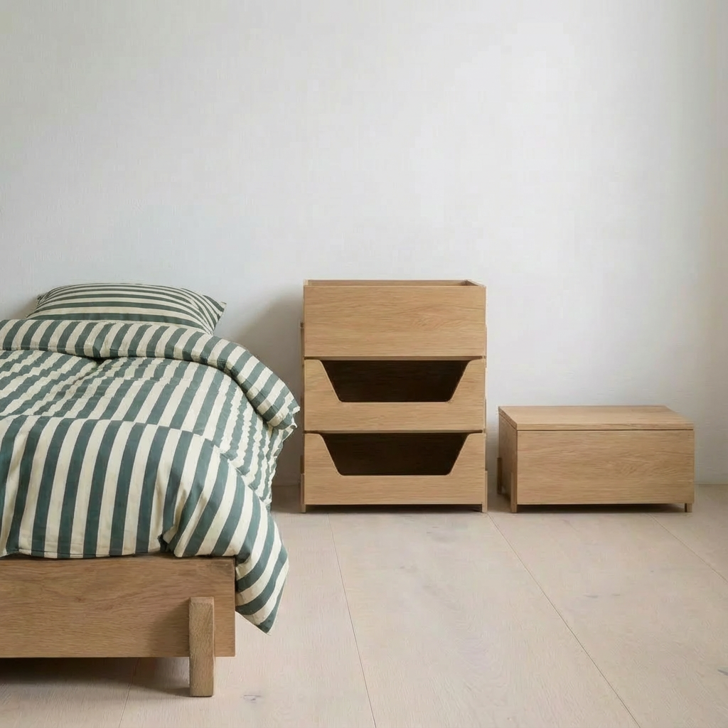 Kassen oak toy storage module dimensions and closed design detail