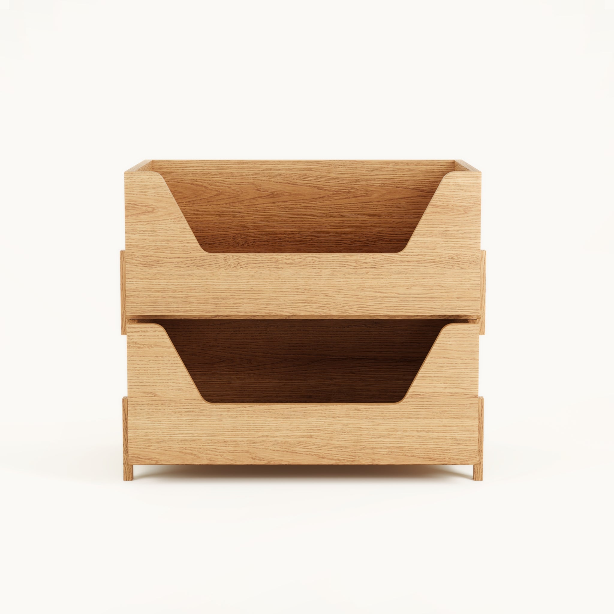 Front view of Kassen Stack 2 open modular solid oak storage system with curved cutout design and accessible open compartments