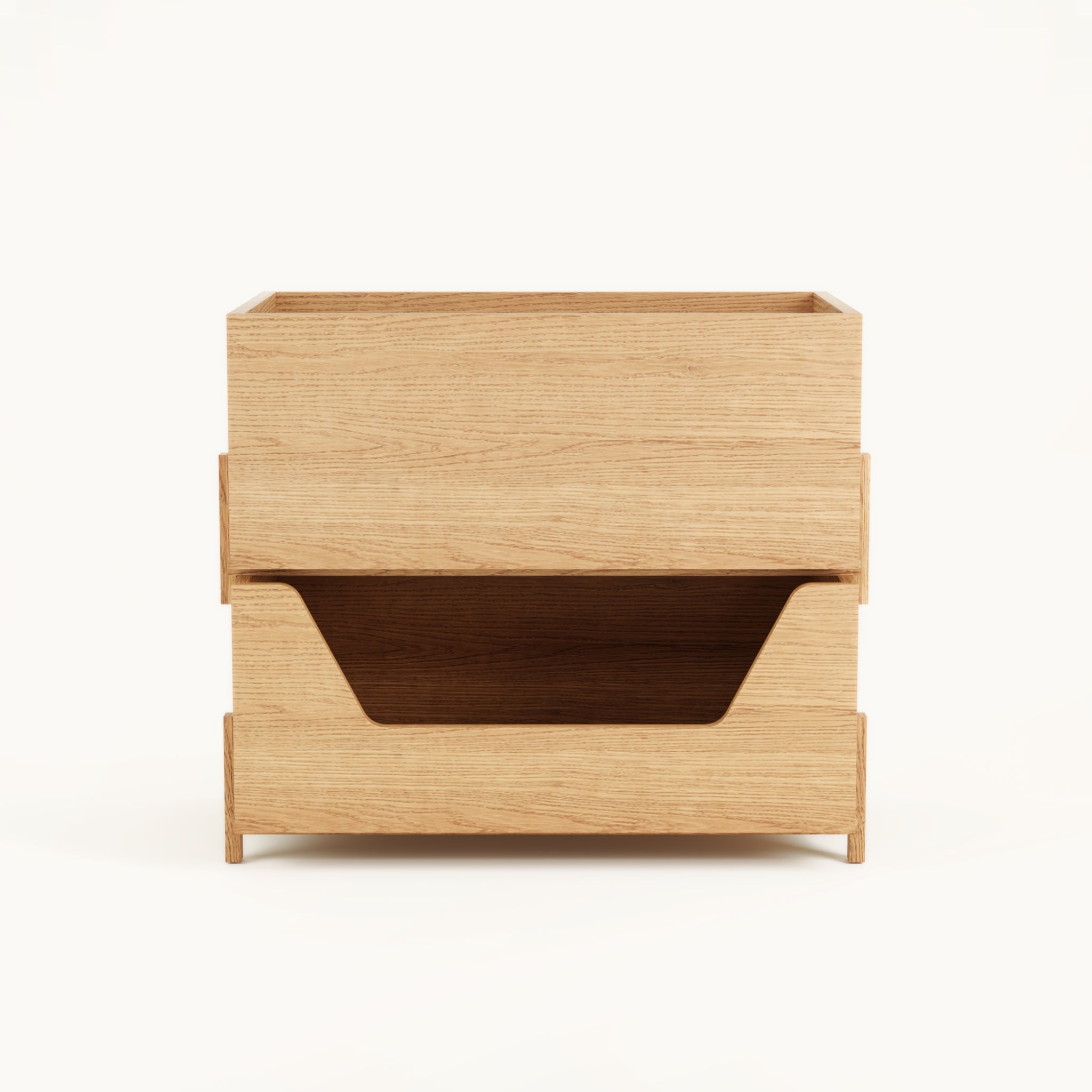 Front view of Kassen Stack 1 open and 1 closed modular oak storage system with open compartment and closed module for everyday organization