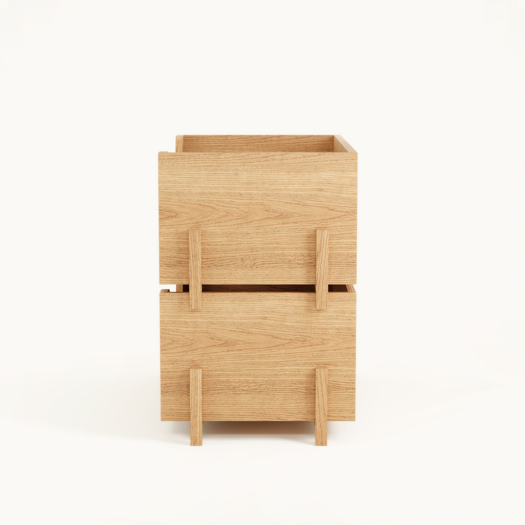 Side view of Kassen Stack 2 open modular wooden storage system in solid oak with stacked open modules and seamless joinery