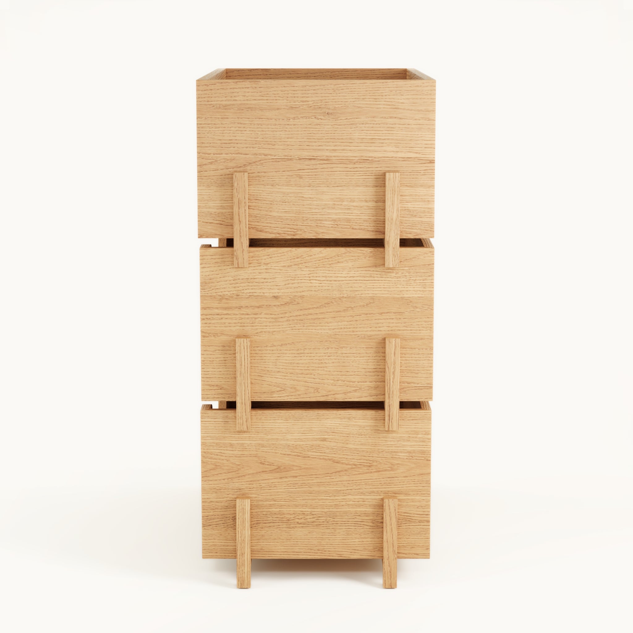 Side view of Kassen Stack 3 open modular oak storage unit with open display compartments and architectural design