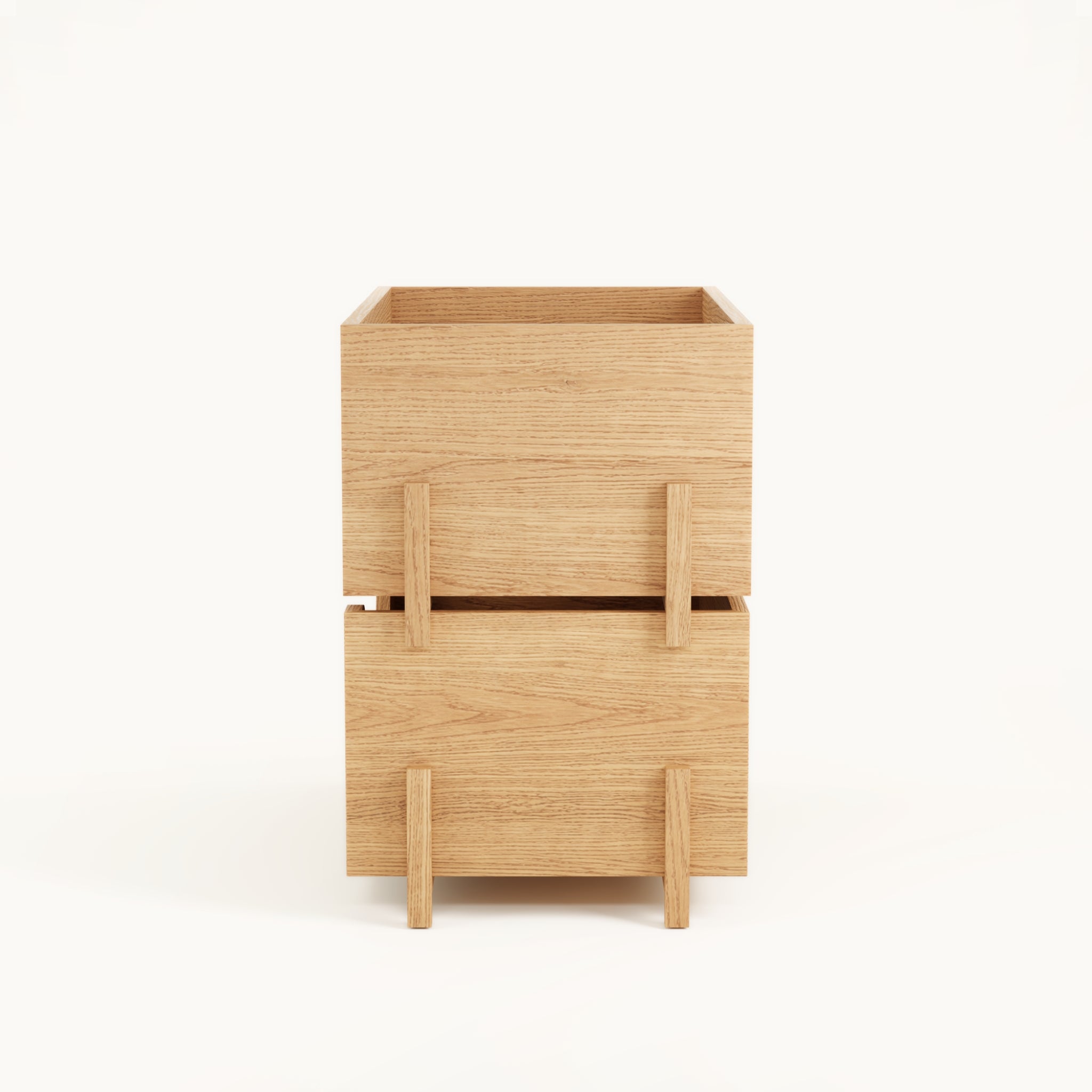 Side view of Kassen Stack 1 open and 1 closed modular solid oak storage unit with stacked interchangeable kasse system
