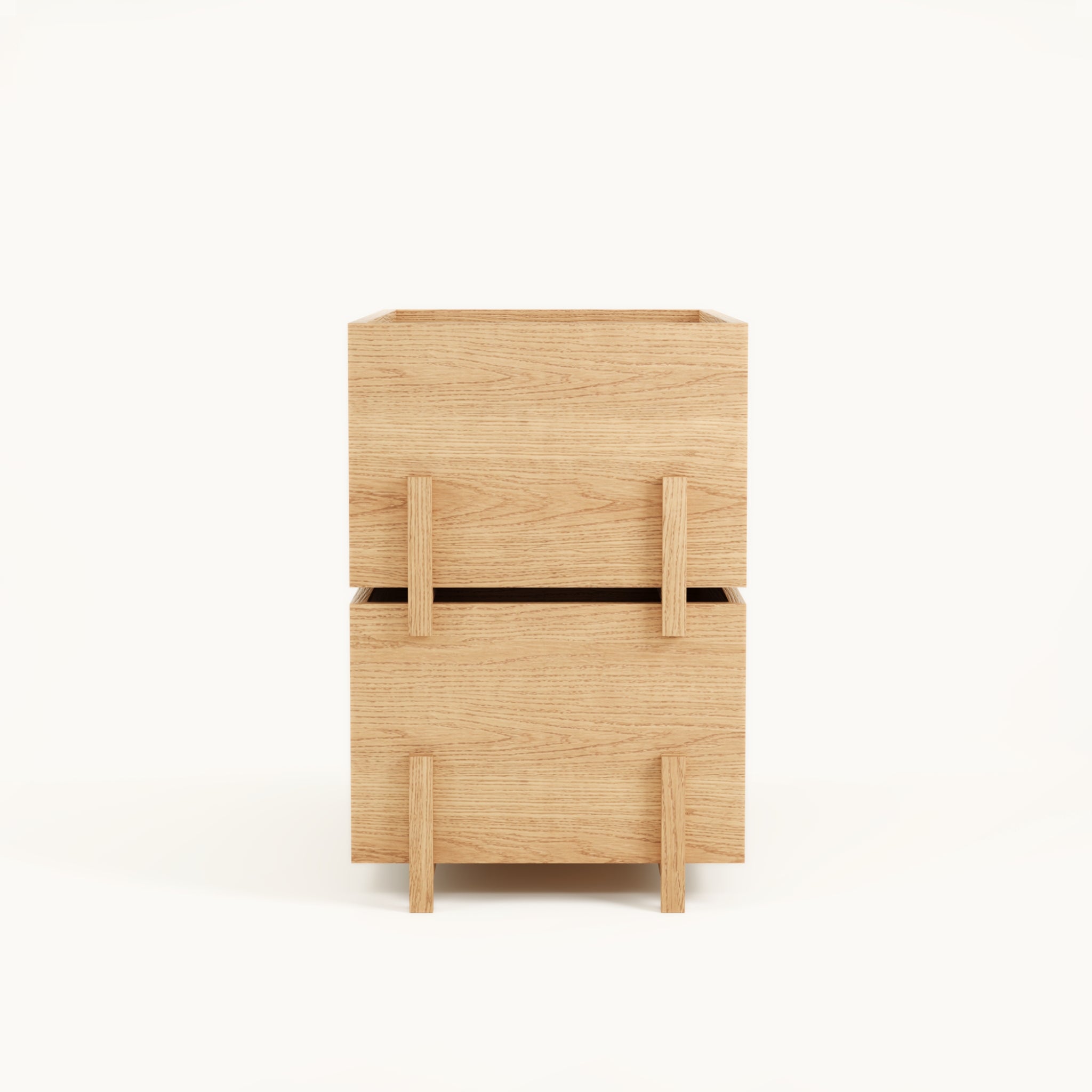 Side view of Kassen Stack 2 closed modular solid oak storage system with stacked enclosed modules and seamless joinery
