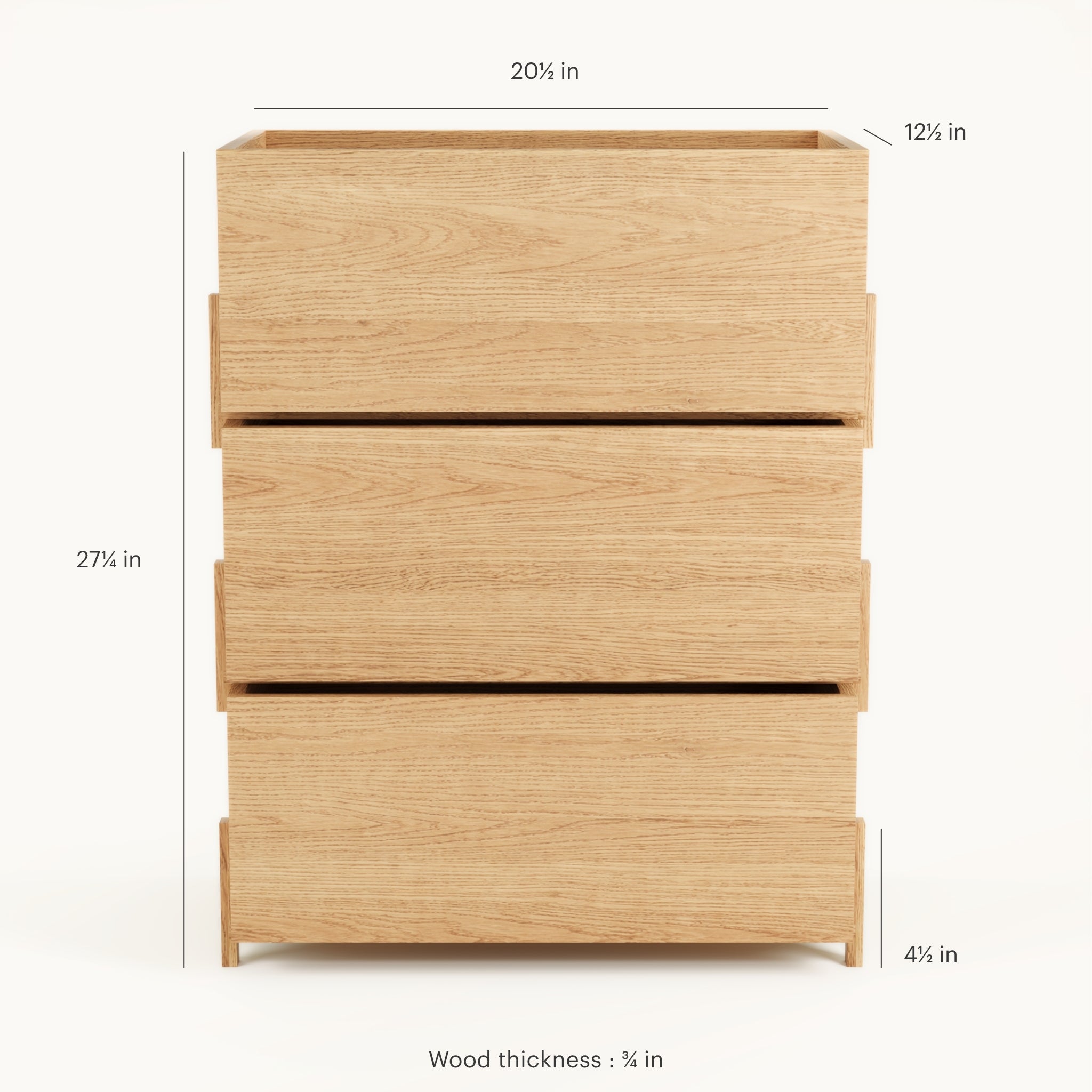 Three closed Kassen wood storage boxes closed front, stackable solid oak design