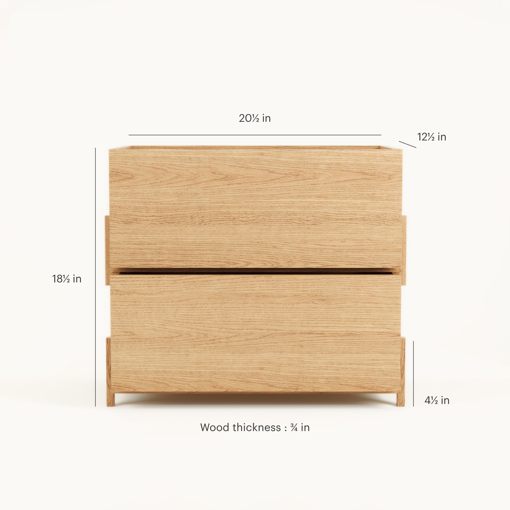 Two closed Kassen wood storage boxes closed front, stackable solid oak design