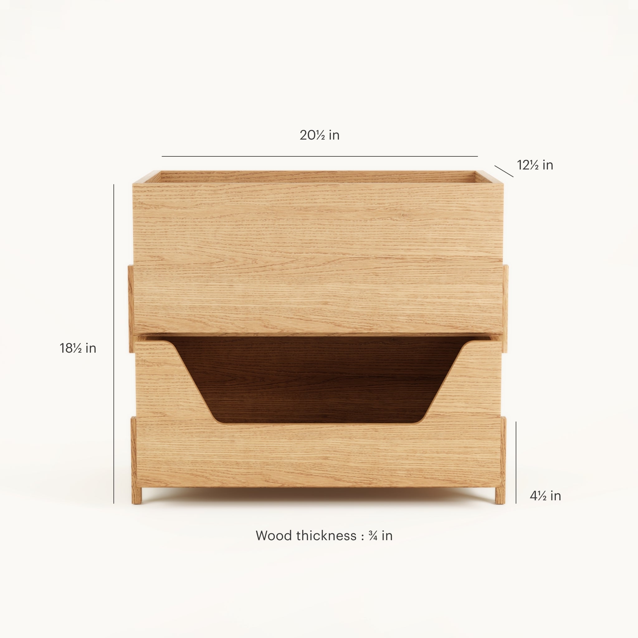 Kassen wood storage boxes with one open and one closed, stackable solid oak Scandinavian toy storage system