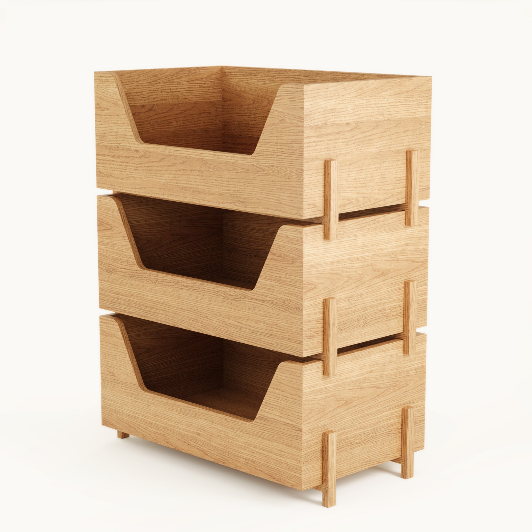 Angled view of Kassen Stack 3 open modular wooden storage system in solid oak with accessible open modules
