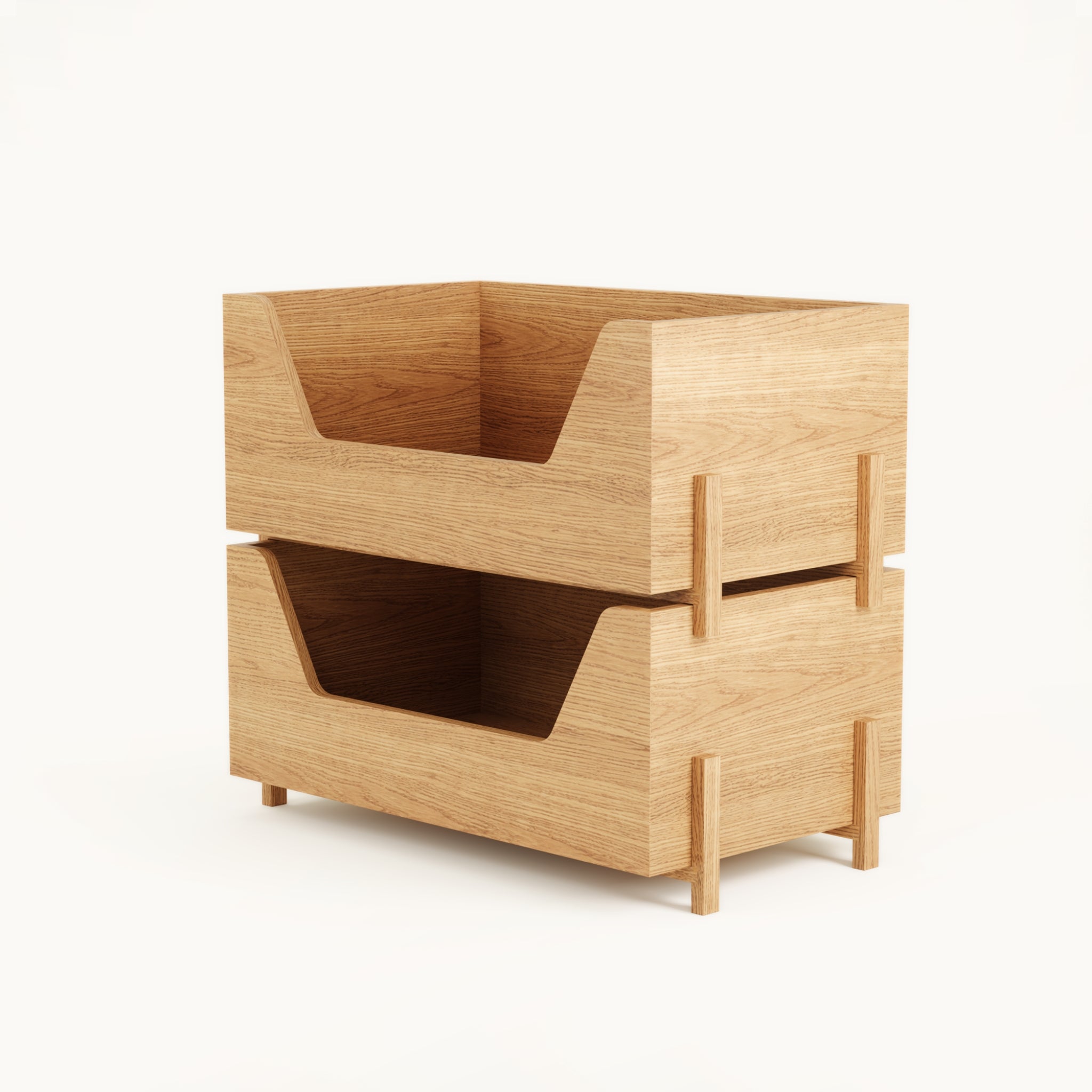 Angled view of Kassen Stack 2 open modular oak storage unit with curved front openings for easy access and visible storage