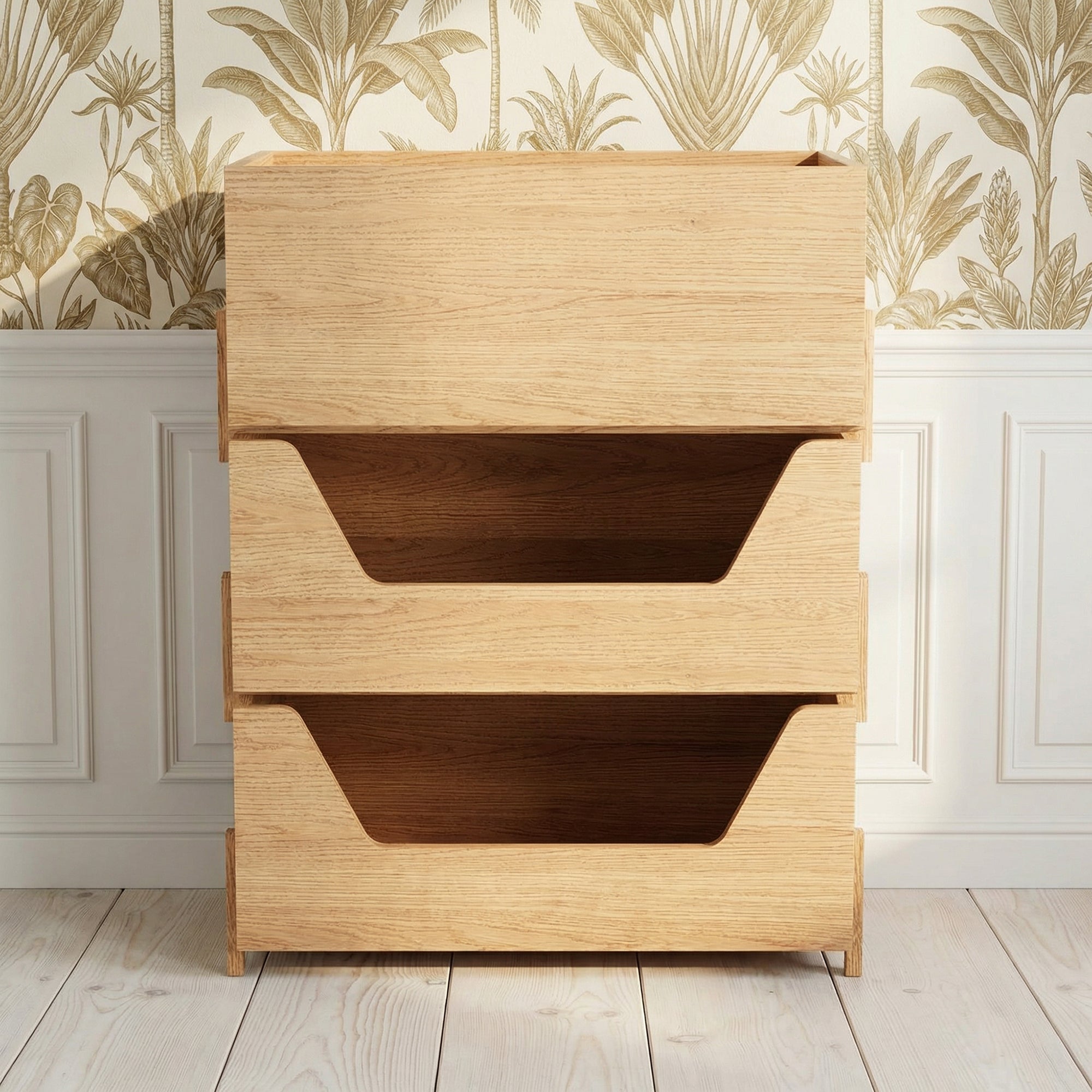 Front view of Kassen Stack 2 open and 1 closed modular solid oak kids storage system with open and closed modules in Scandinavian interior