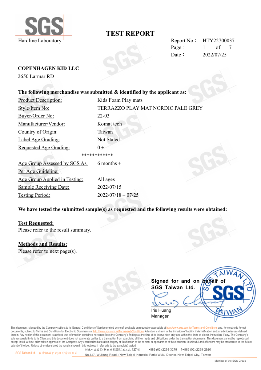 First page of SGS test report HTY22700037, signed and stamped