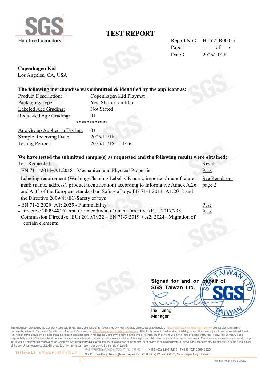 First page of SGS test report HTY25B00057, signed and stamped