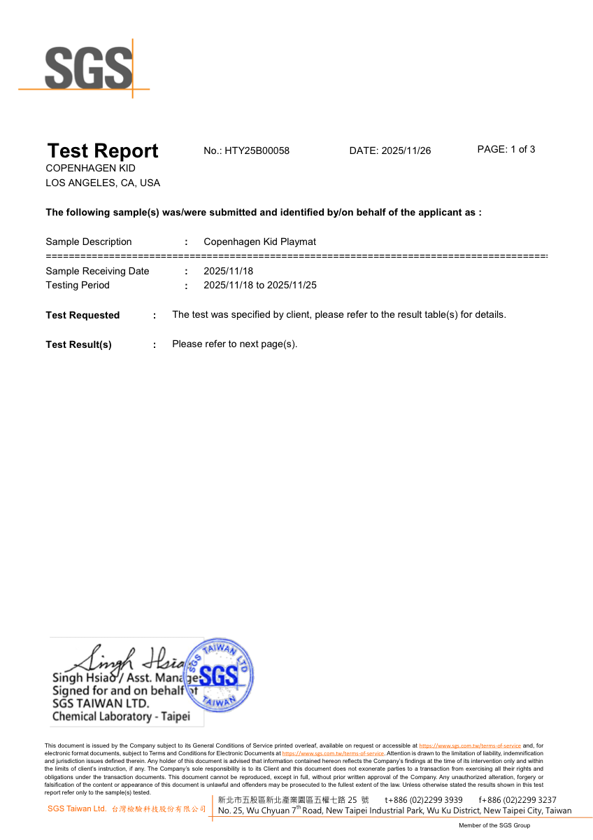 First page of SGS test report HTY25B00058, signed and stamped