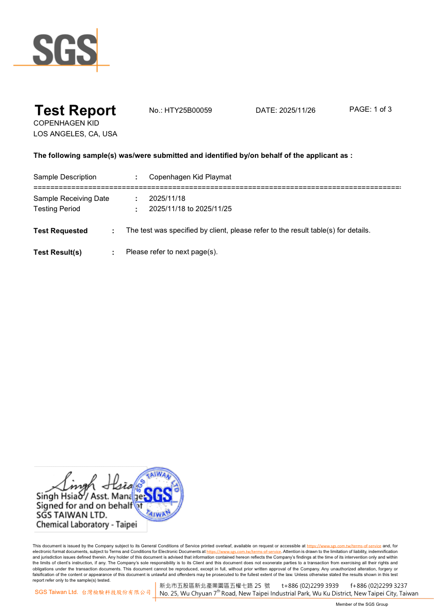 First page of SGS test report HTY25B00059, signed and stamped