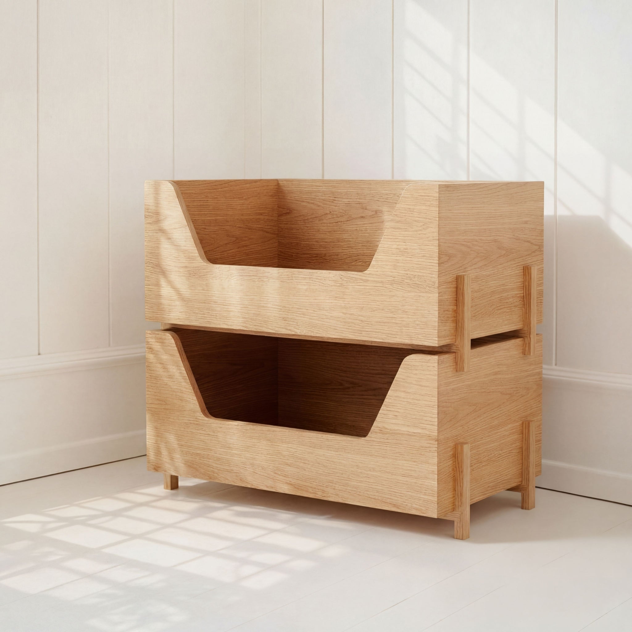 Angled view of Kassen Stack 2 open modular oak storage unit with curved front openings for easy access and visible storage