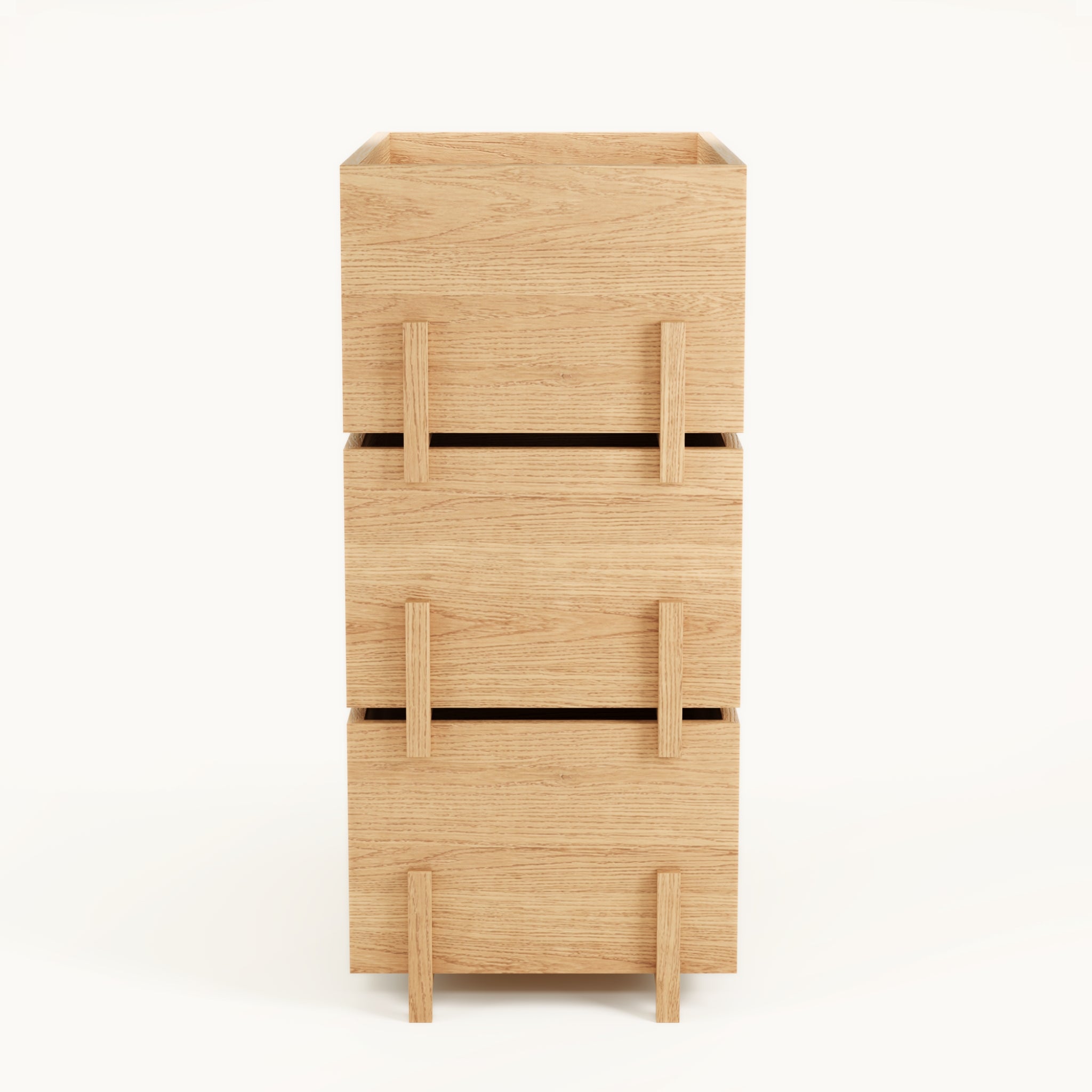 side view of Kassen Stack 2 open and 1 closed modular solid oak storage unit with stacked interchangeable modules