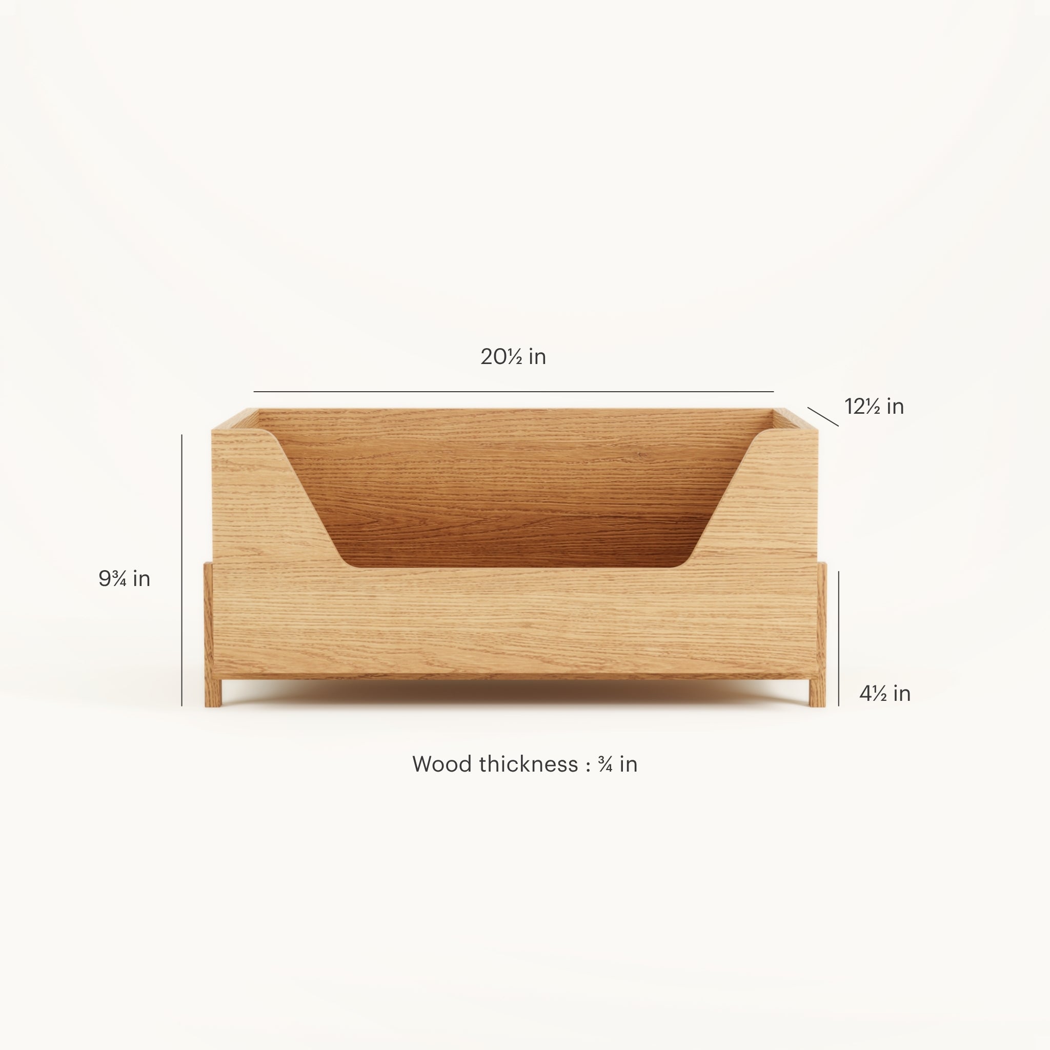 Open Kassen wood storage box with dimensions, solid oak Scandinavian design