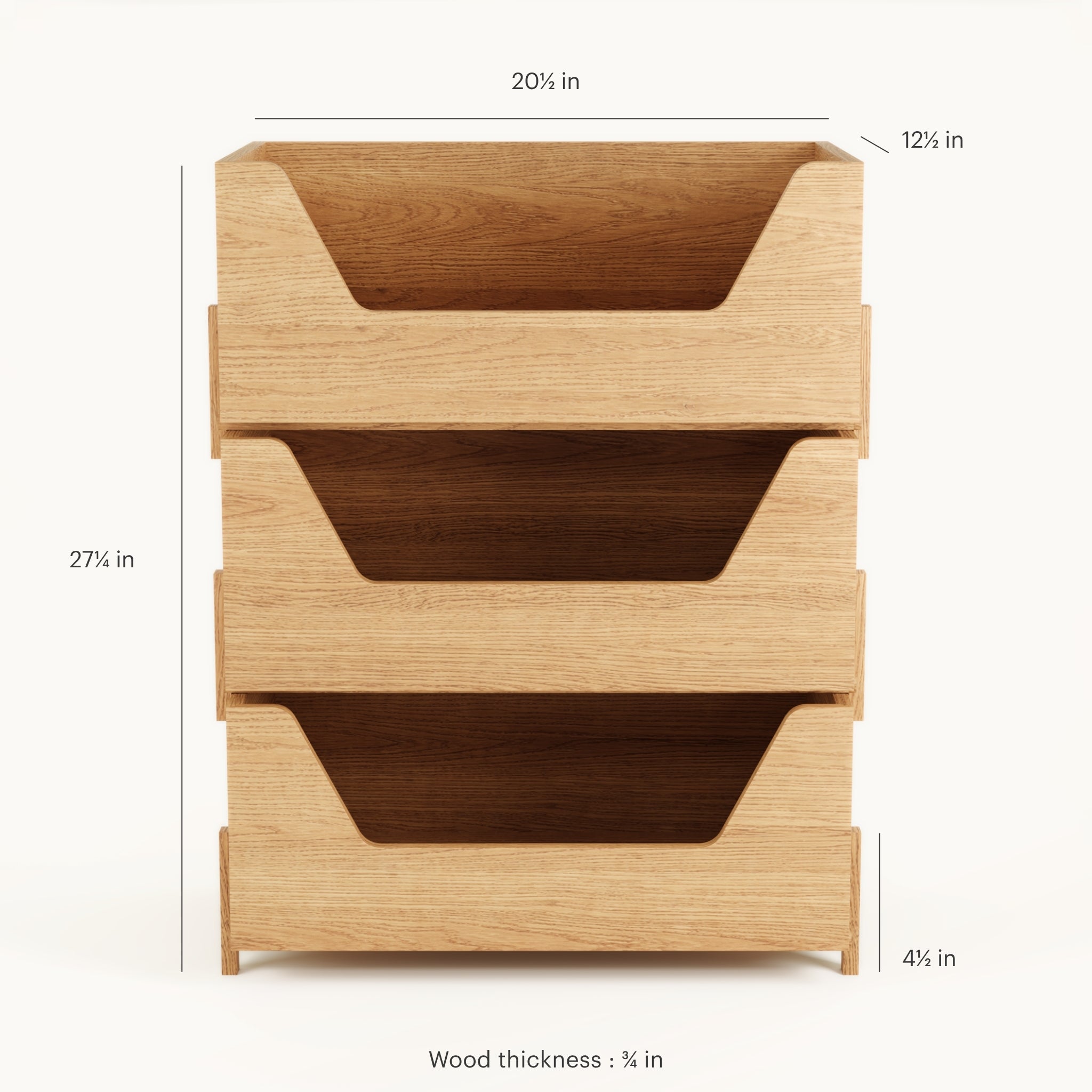 Three open Kassen wood storage boxes open front, stackable solid oak design