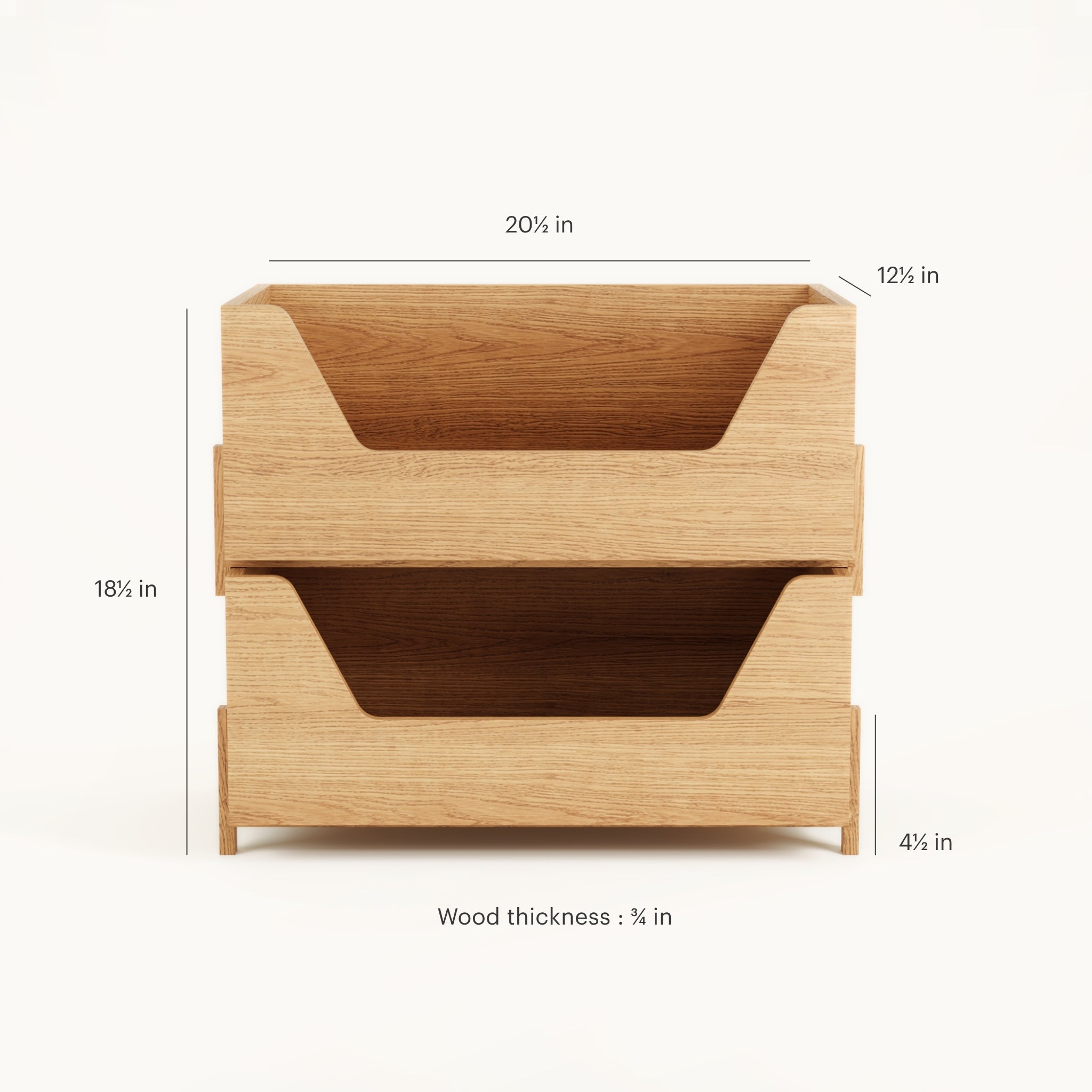 Two open Kassen wood storage boxes open front, stackable solid oak design