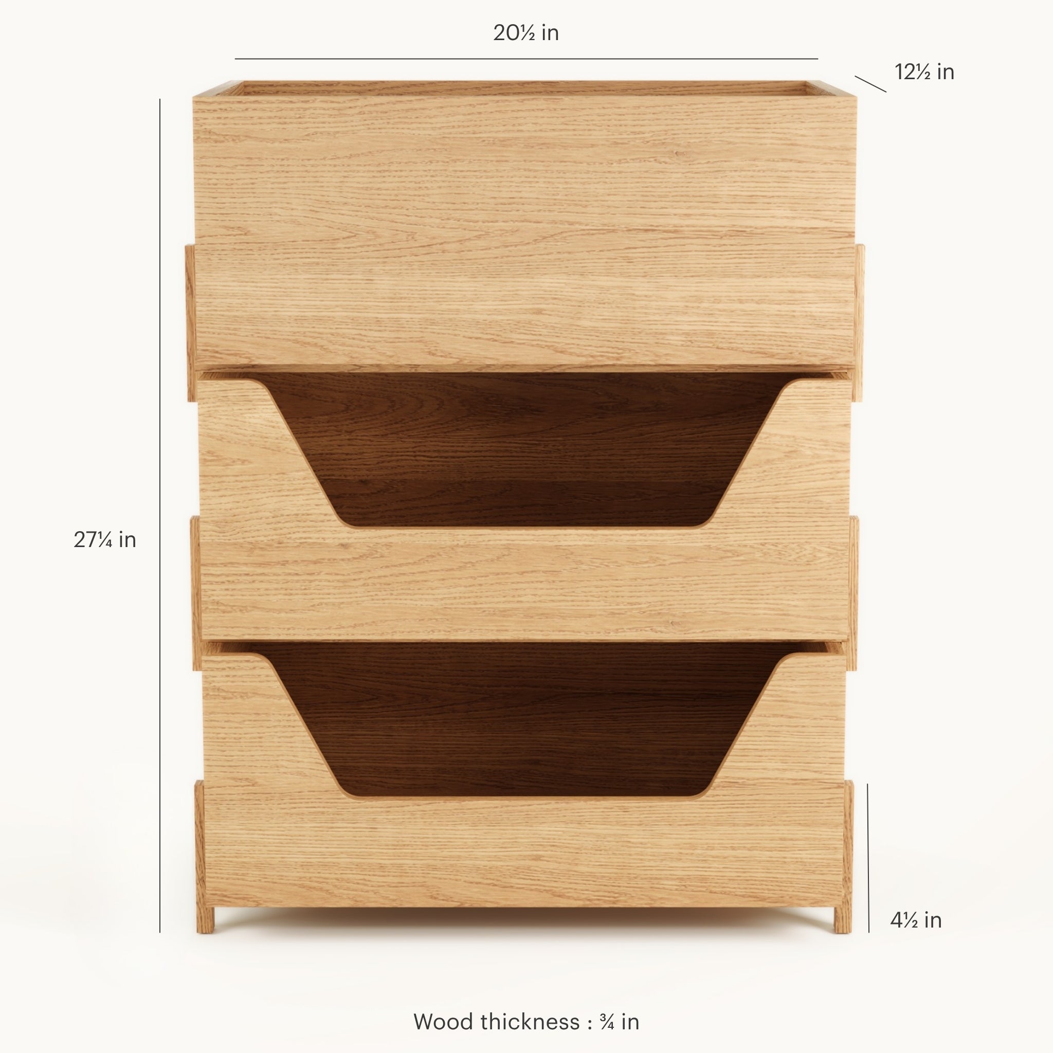 Kassen wood storage boxes with two open and one closed, stackable solid oak Scandinavian toy storage system