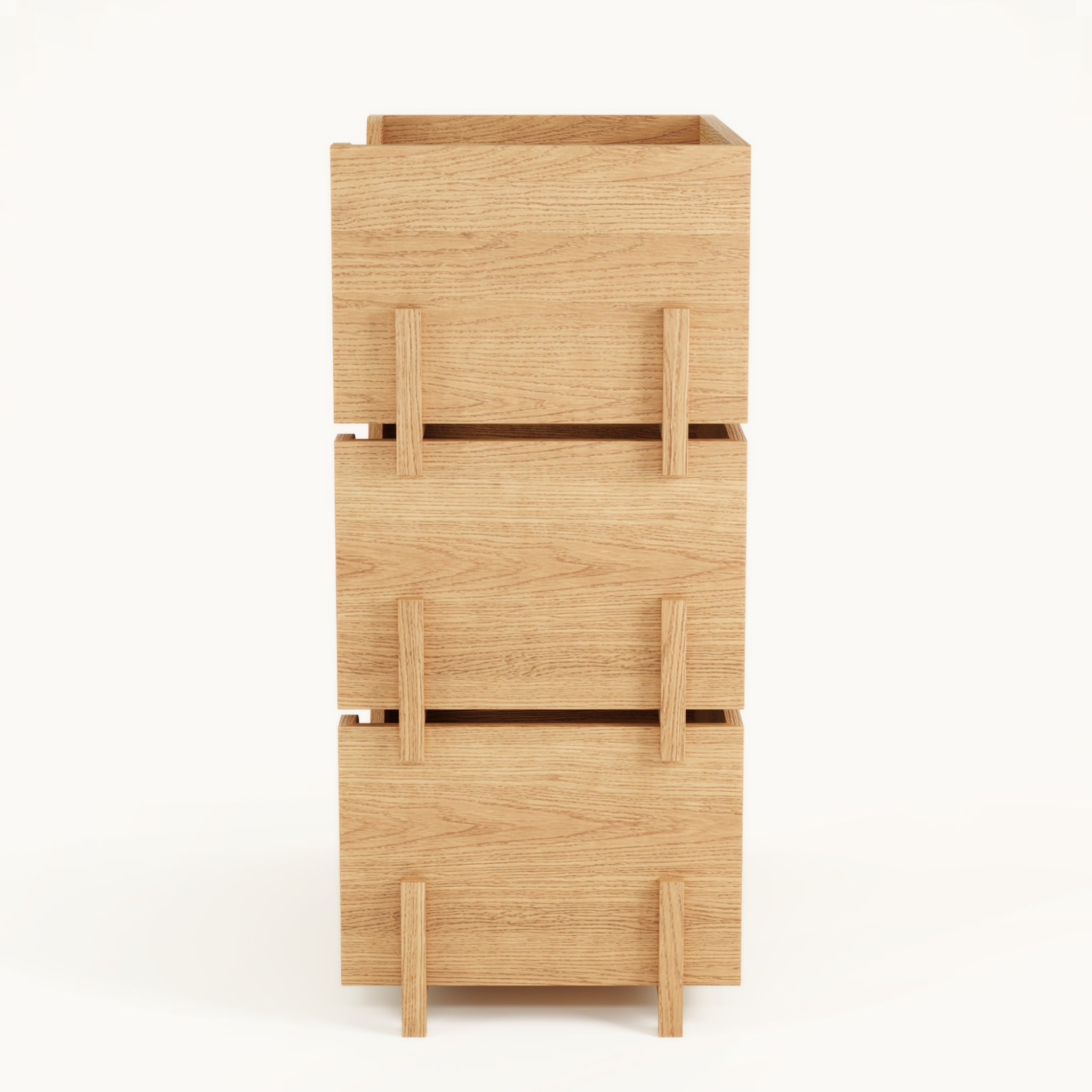 Side view of Kassen Stack 3 open modular oak storage unit with open display compartments and architectural design