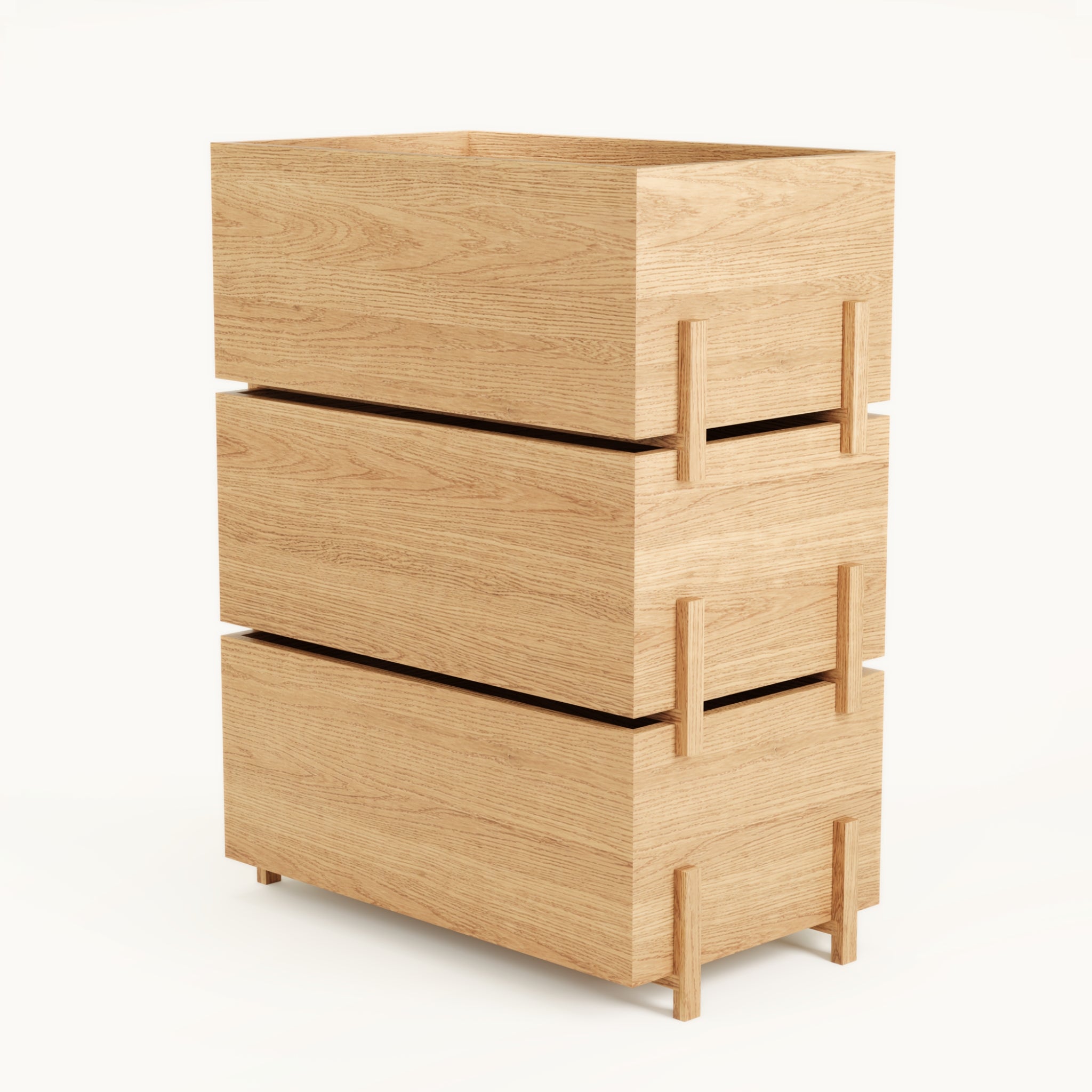 Angled view of Kassen Stack 3 open modular wooden storage system in solid oak with accessible open modules