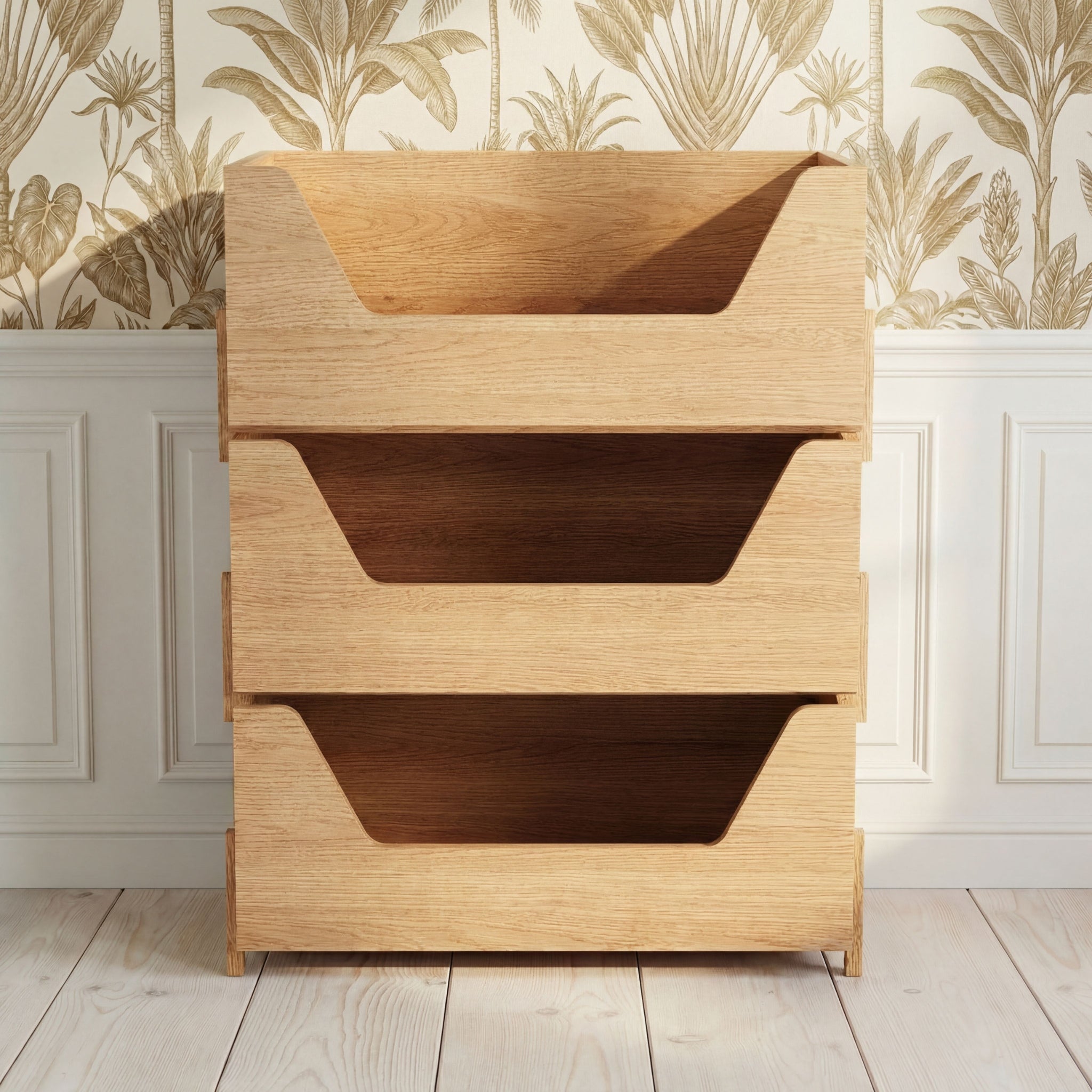 Three opened Kassen wood storage boxes in a styled interior, solid oak Scandinavian storage system
